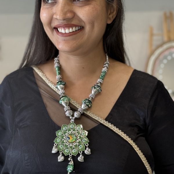 Green Meenakari Floral Statement Pendant Necklace – Oxidised Silver Jewellery