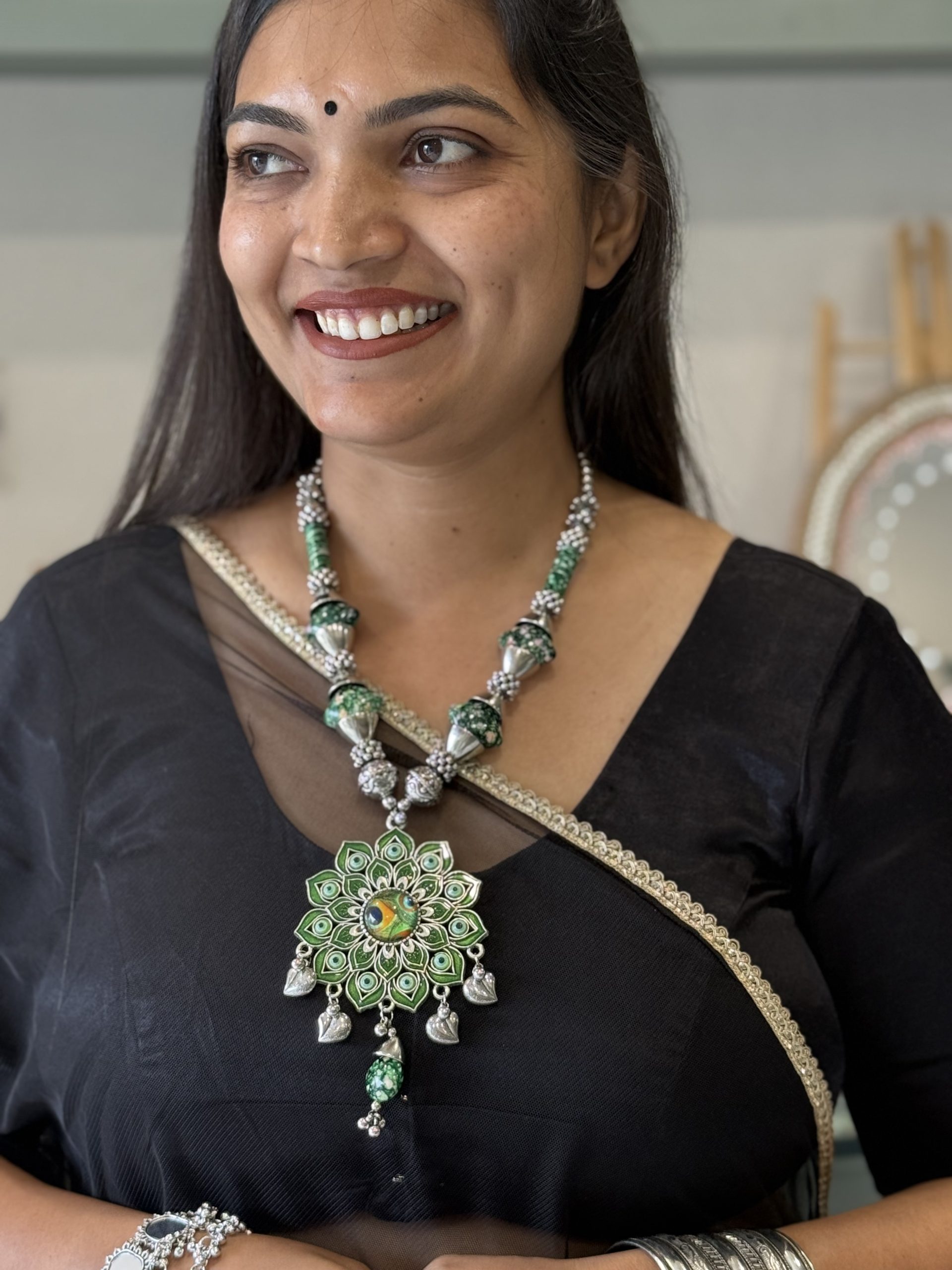 Green Meenakari Floral Statement Pendant Necklace – Oxidised Silver Jewellery
