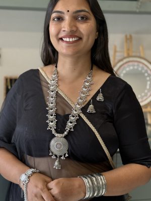 Oxidised Silver Long Statement Necklace Set with Round Pendant & Jhumka Earrings
