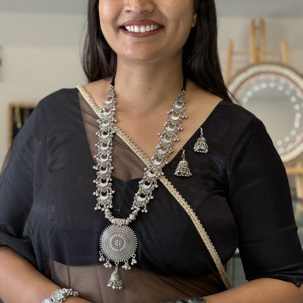 Oxidised Silver Long Statement Necklace Set with Round Pendant & Jhumka Earrings