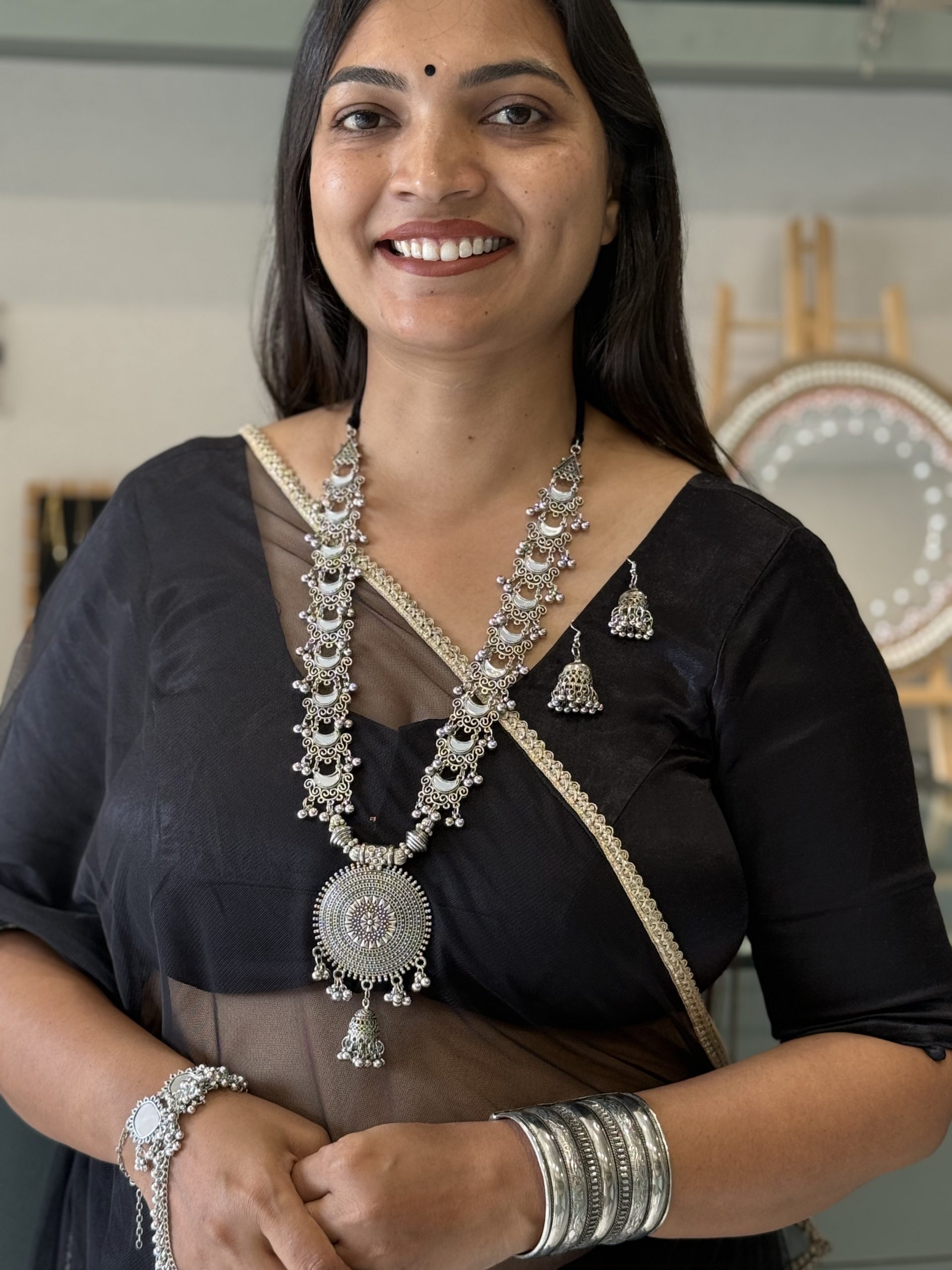 Oxidised Silver Long Statement Necklace Set with Round Pendant & Jhumka Earrings