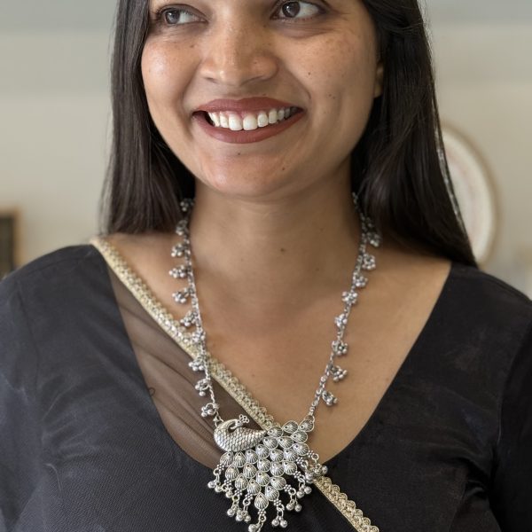 Oxidised Silver Peacock Long Necklace Set with Jhumka Earrings for Women