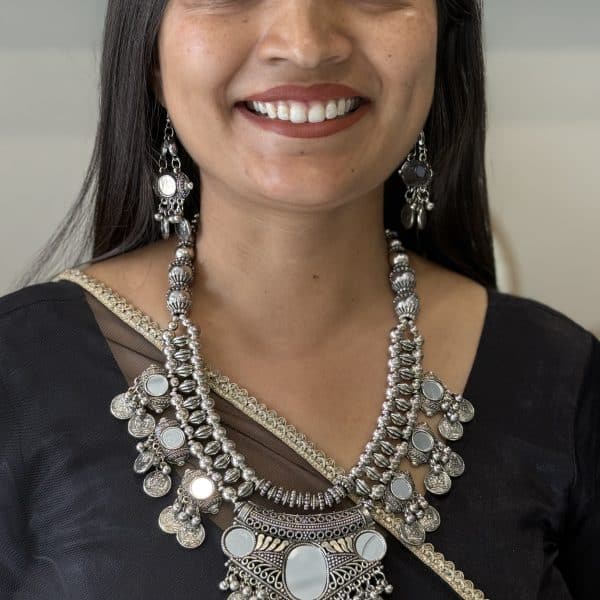Oxidised Silver Mirror Work Coin Necklace Set with Matching Earrings for Women