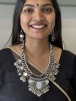 Oxidised Silver Mirror Work Coin Necklace Set with Matching Earrings for Women