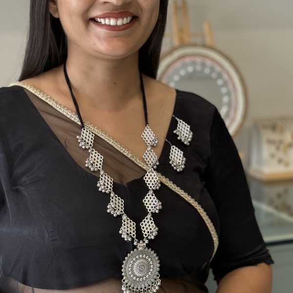 Oxidised Silver Long Statement Necklace with Round Tribal Pendant & Matching Earrings