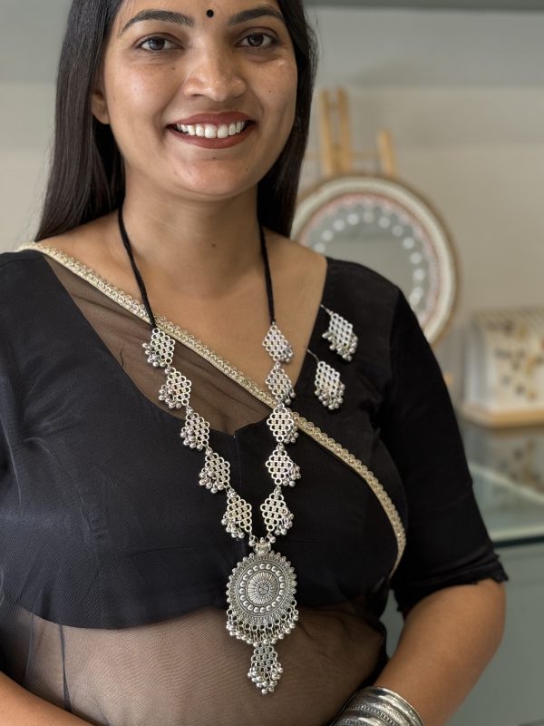 Oxidised Silver Long Statement Necklace with Round Tribal Pendant & Matching Earrings