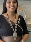 Oxidised Silver Long Statement Necklace with Round Tribal Pendant & Matching Earrings