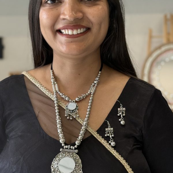 Oxidised Silver Layered Mirror Pendant Necklace Set with Earrings