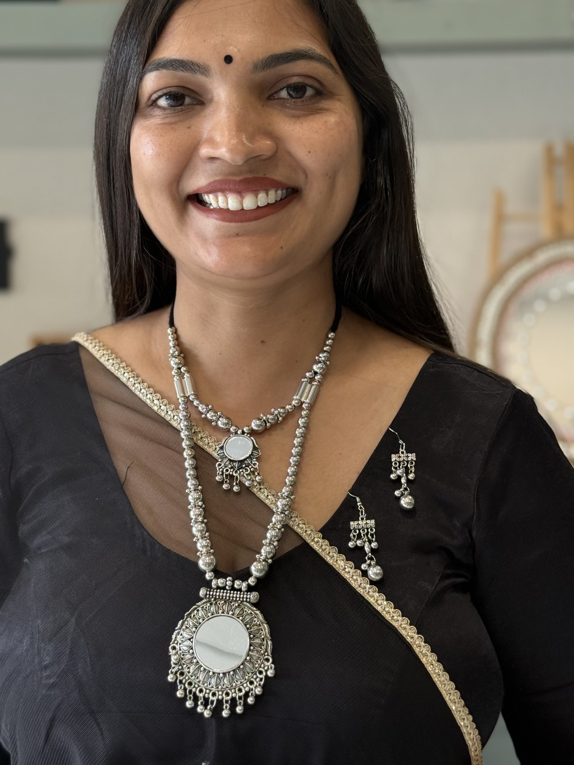 Oxidised Silver Layered Mirror Pendant Necklace Set with Earrings