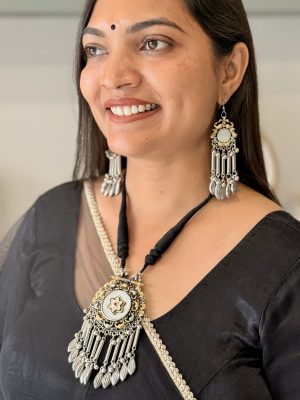 Oxidised Silver Dual-Tone Mirror Pendant Necklace Set with Long Earrings