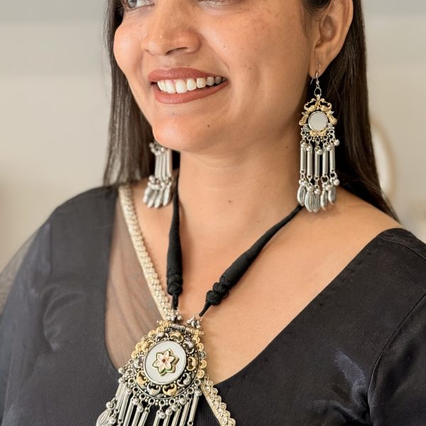 Oxidised Silver Dual-Tone Mirror Pendant Necklace Set with Long Earrings