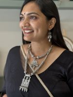 Layered Oxidised Silver Long Pendant Necklace Set with Earrings for Women