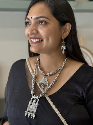 Layered Oxidised Silver Long Pendant Necklace Set with Earrings for Women