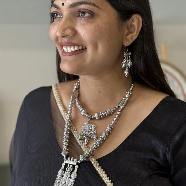 Layered Oxidised Silver Long Pendant Necklace Set with Earrings for Women