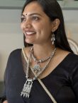 Layered Oxidised Silver Long Pendant Necklace Set with Earrings for Women