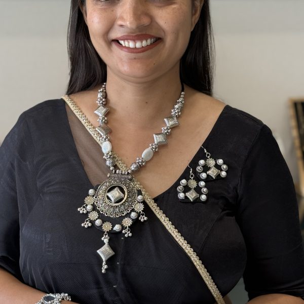 Oxidised Silver Statement Pendant Long Necklace Set with Matching Earrings