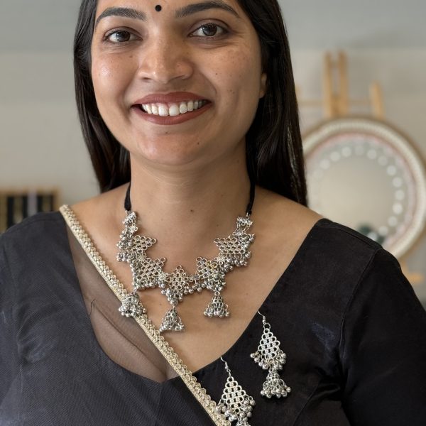 Oxidised Silver Jhumka Charm Statement Necklace Set with Long Earrings for Women