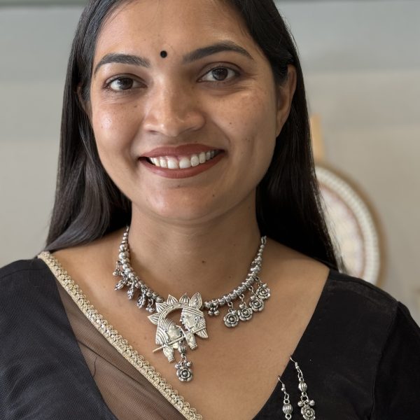 Oxidised Silver Radha Krishna Floral Necklace Set with Matching Earrings for Women