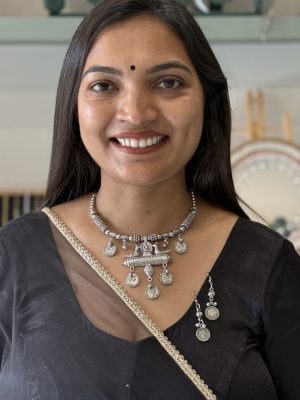 Oxidised Silver Coin Charm Necklace Set with Matching Earrings for Women