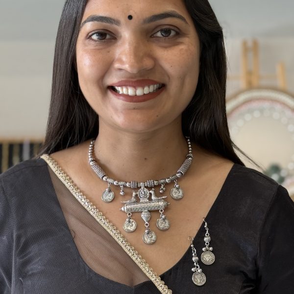 Oxidised Silver Coin Charm Necklace Set with Matching Earrings for Women