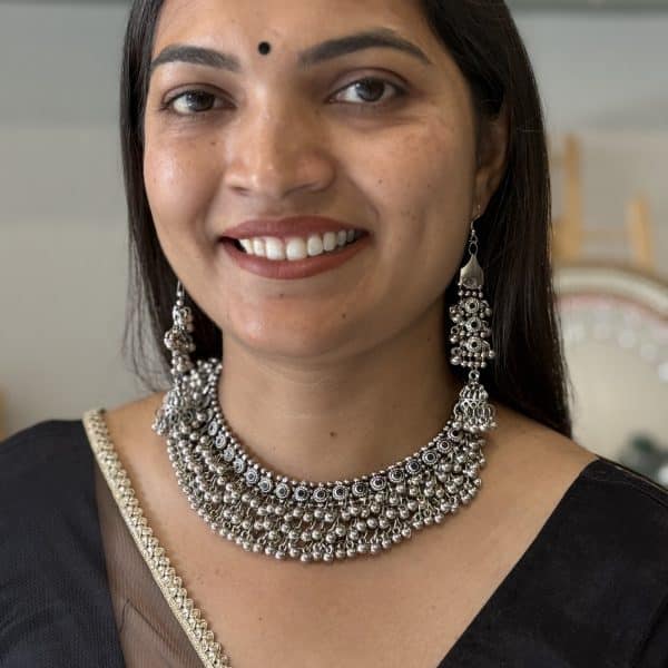 Oxidised Silver Ghungroo Choker Necklace Set with Long Jhumka Earrings for Women