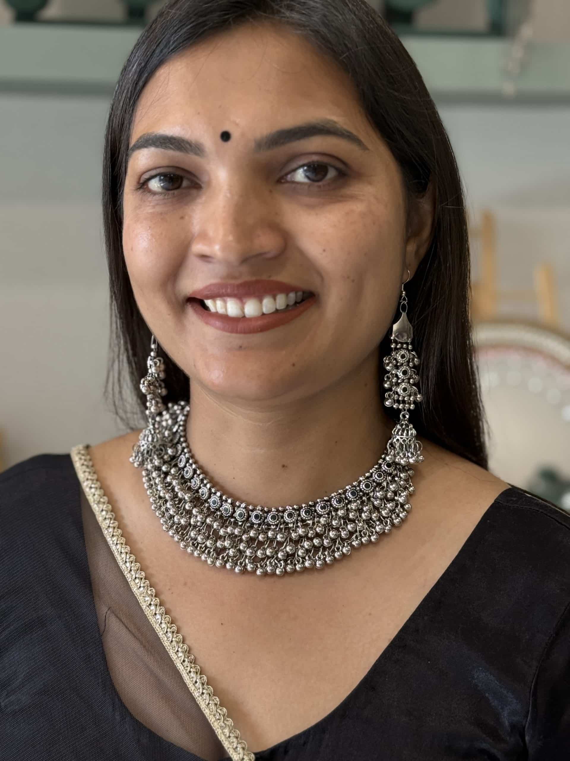 Oxidised Silver Ghungroo Choker Necklace Set with Long Jhumka Earrings for Women