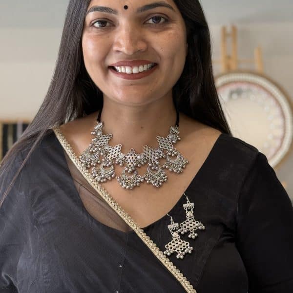 Traditional Oxidised Silver Statement Necklace Set with Matching Earrings for Women
