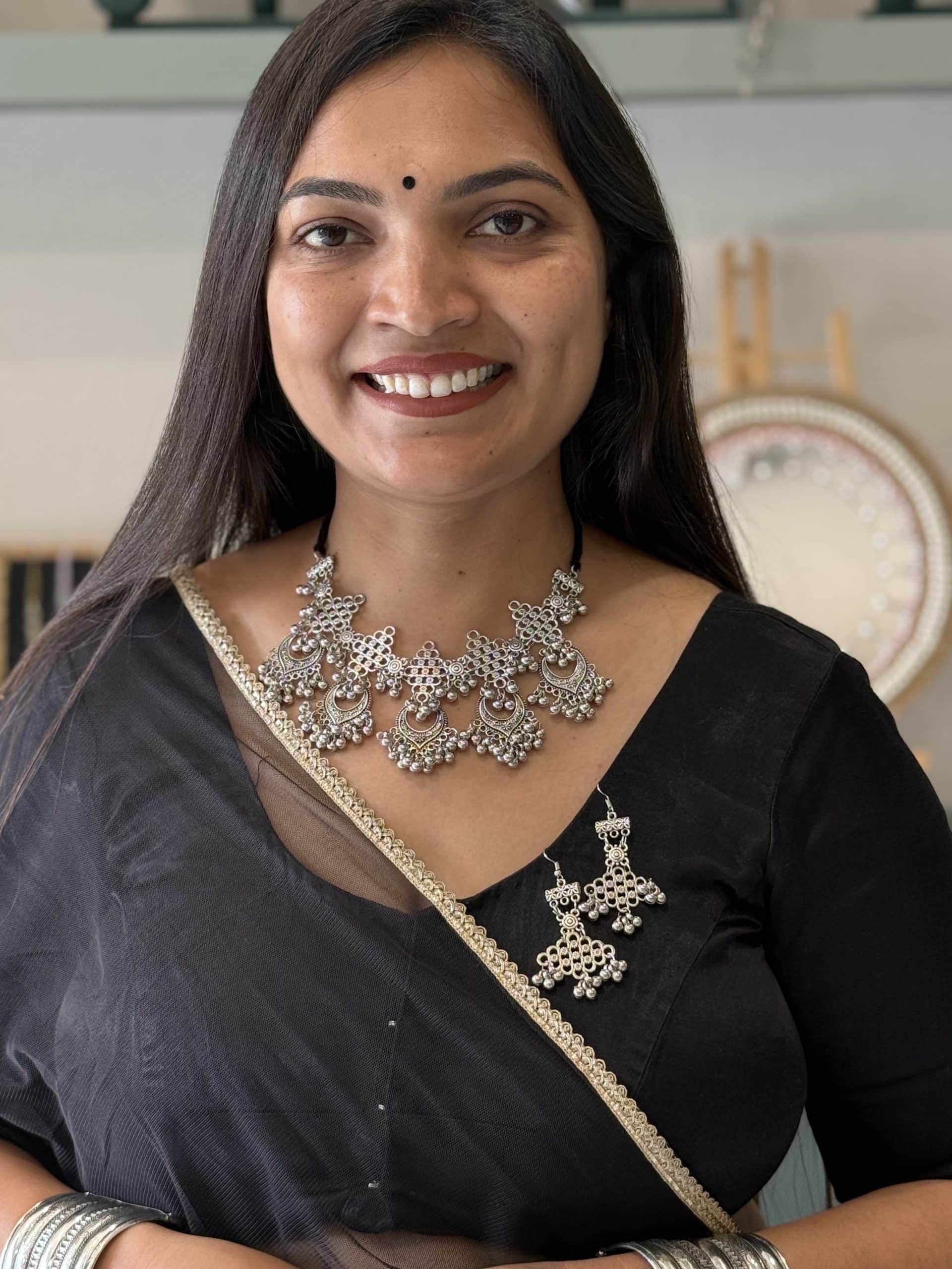 Traditional Oxidised Silver Statement Necklace Set with Matching Earrings for Women