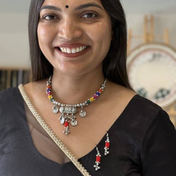 Multicolor Beaded Oxidised Silver Necklace Set with Earrings for Women