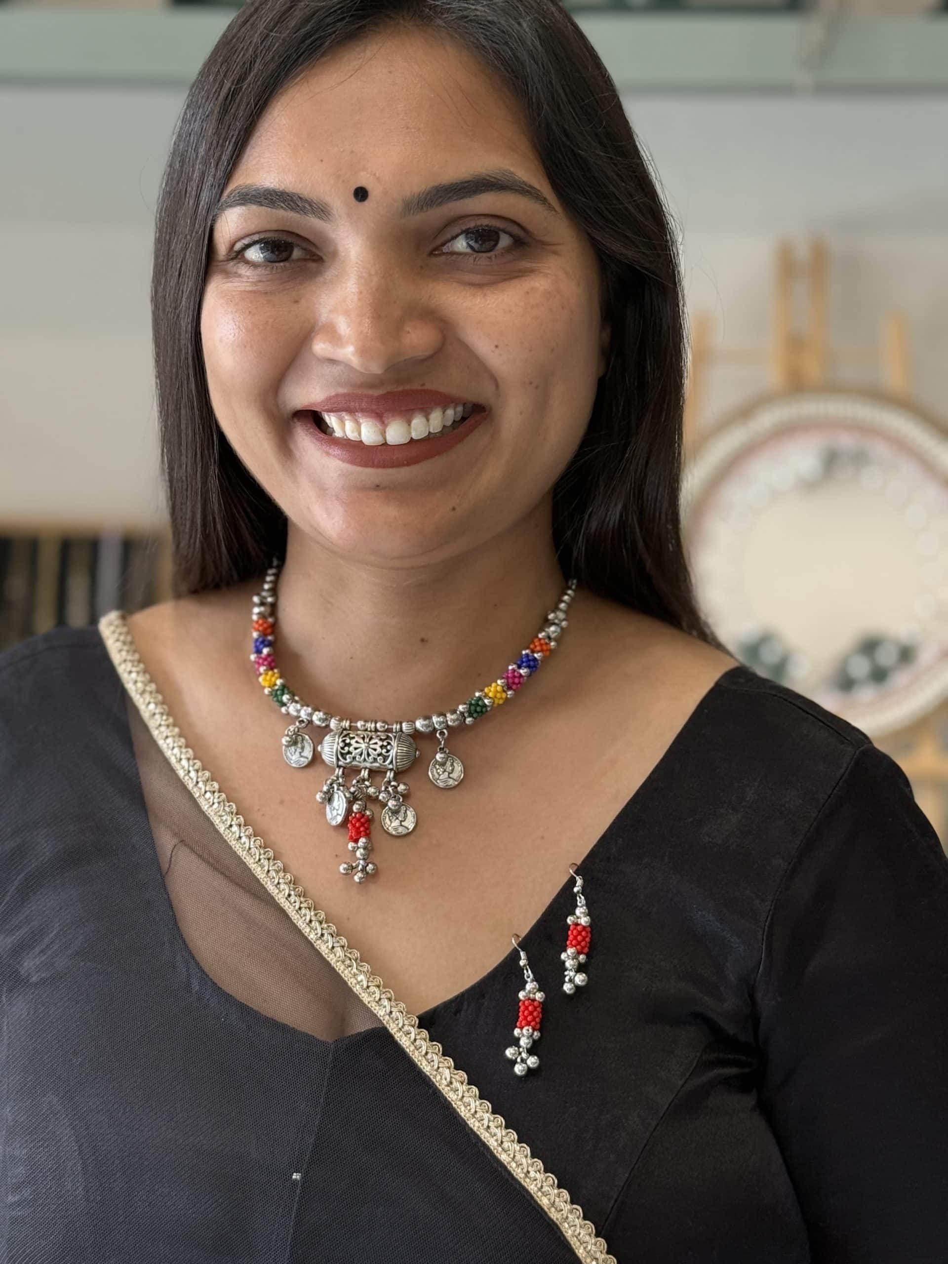 Multicolor Beaded Oxidised Silver Necklace Set with Earrings for Women